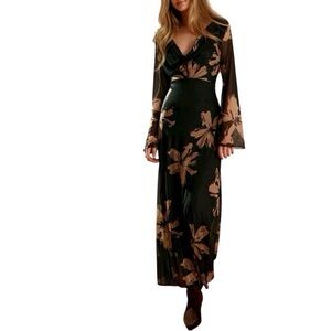 Commense Black Brown Floral Mesh Maxi Dress Cowl Neck Sheer Sleeves NWT XS